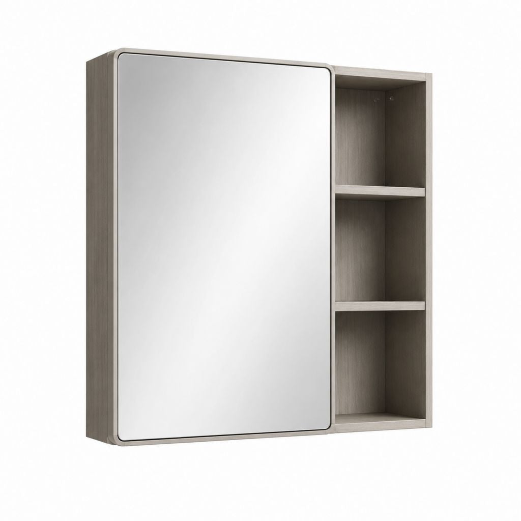 Spiegelschrank Grau Eiche MDF rechteckig mit Spiegel und 3 offenen Fächern 60 x 80 x 15 cm