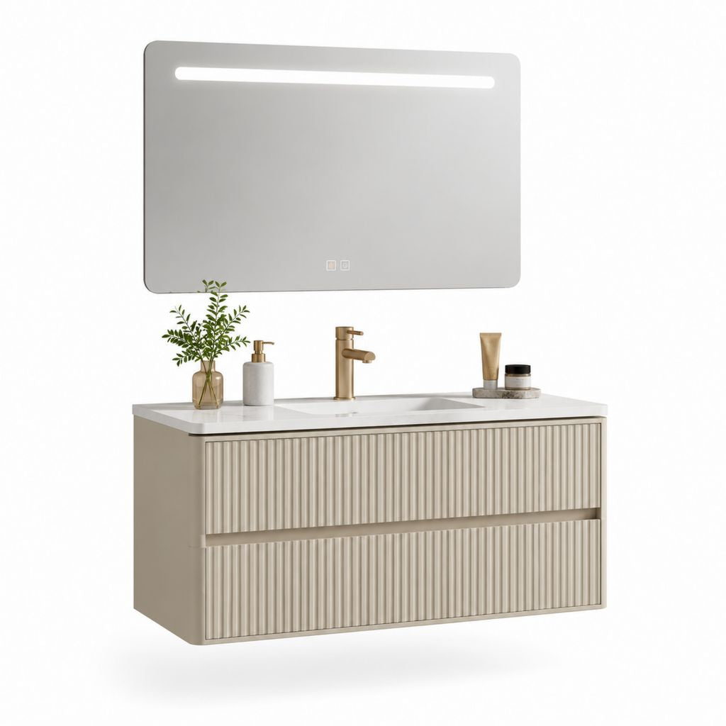 Badezimmermöbel Set mit LED Spiegel und Waschtischunterschrank Beige MDF 100 x 46 x 50 cm