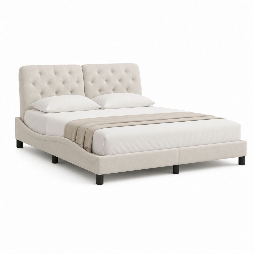 Polsterbett Doppelbett Beige mit Polyesterbezug und gestepptem Kopfteil 180 x 200 cm