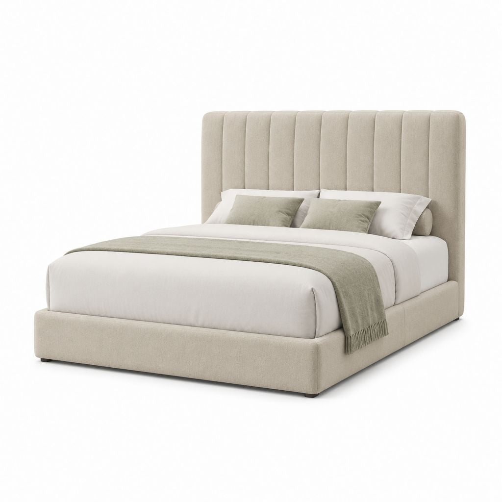 Polsterbett Doppelbett Beige mit Polyesterbezug und vertikal gestepptem Kopfteil für Matratze 160 x 200 cm