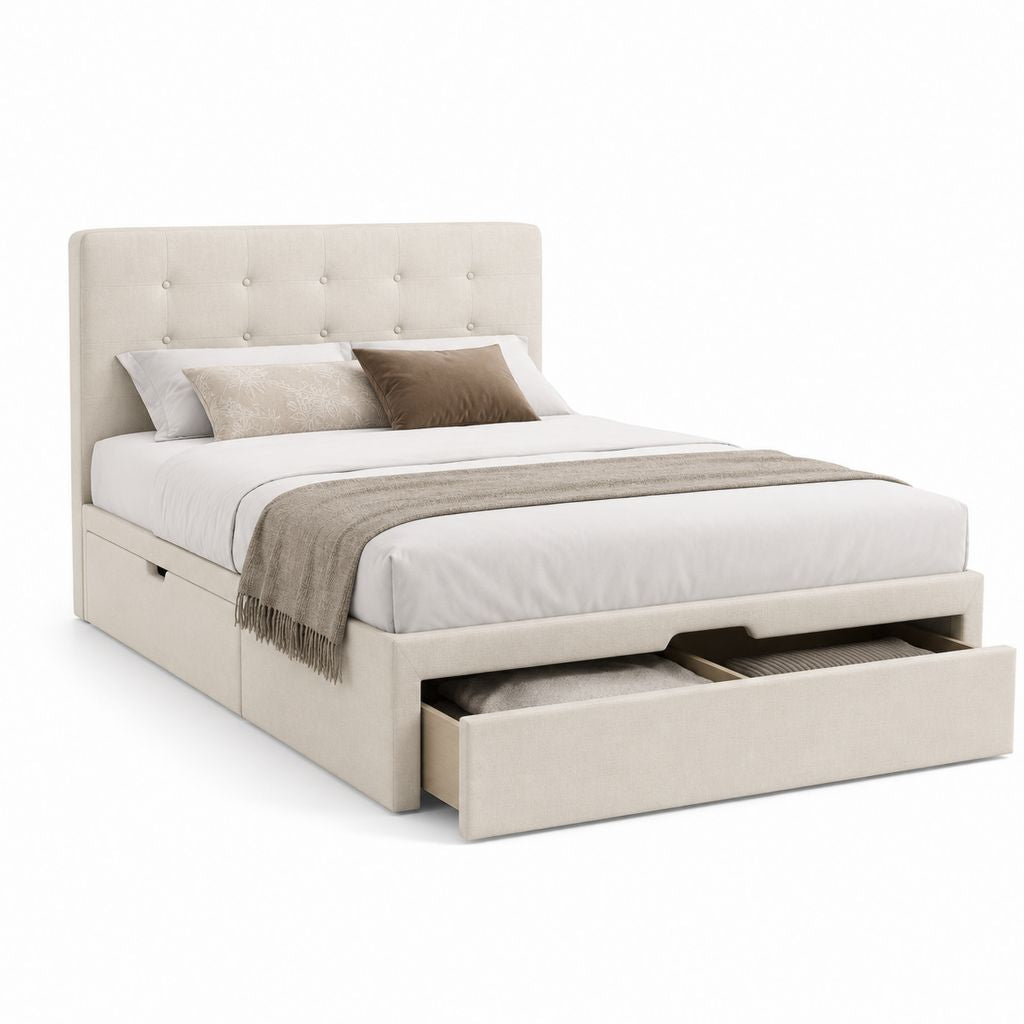 Polsterbett mit Stauraum Beige Polyester 160 x 200 cm mit gepolstertem Kopfteil und 2 Schubladen