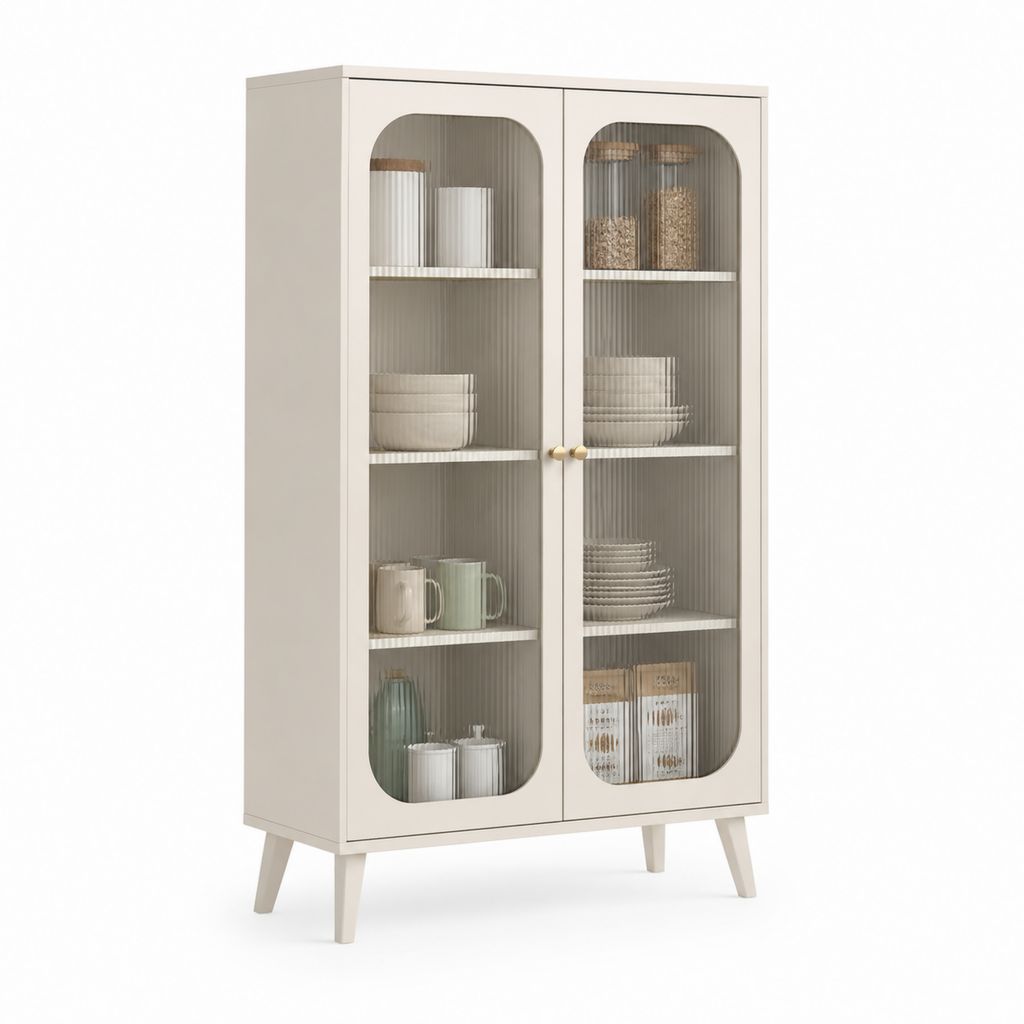 Vitrinenschrank Cremeweiß aus MDF mit Riffelglastüren 80 x 40 x 180 cm