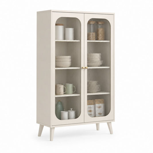 Vitrinenschrank Cremeweiß aus MDF mit Riffelglastüren 80 x 40 x 180 cm