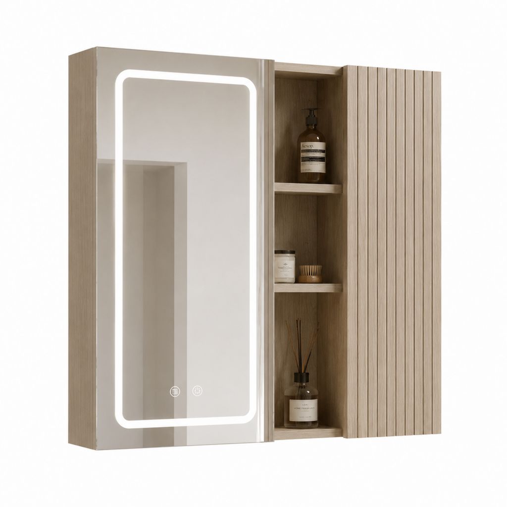 LED Spiegelschrank Eiche hell MDF rechteckig 80 x 70 x 15 cm mit Touchschalter und offenen Ablagen