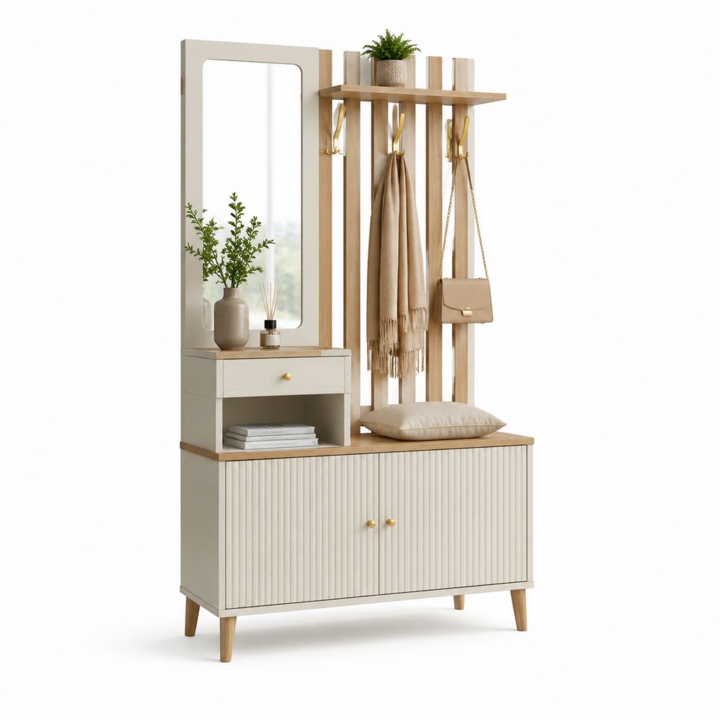 Garderobenschrank mit Spiegel Sitzbank und Hakenleiste Beige Eichenoptik MDF Rechteckig 100 x 35 x 180 cm