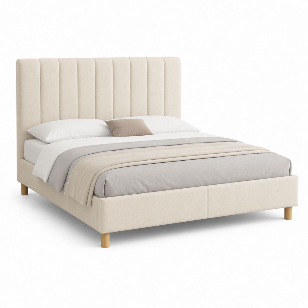 Polsterbett Doppelbett Creme mit Polyesterbezug und geripptem Kopfteil 180 x 200 cm
