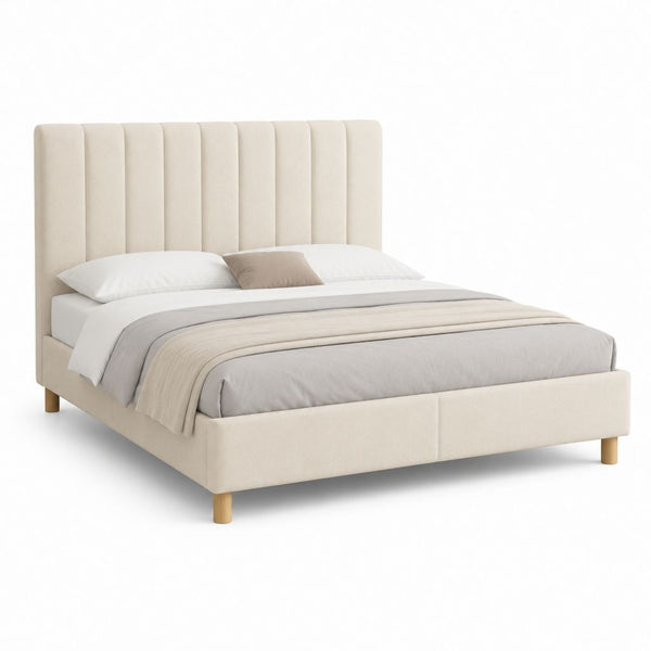 Polsterbett Doppelbett Creme mit Polyesterbezug und geripptem Kopfteil 180 x 200 cm