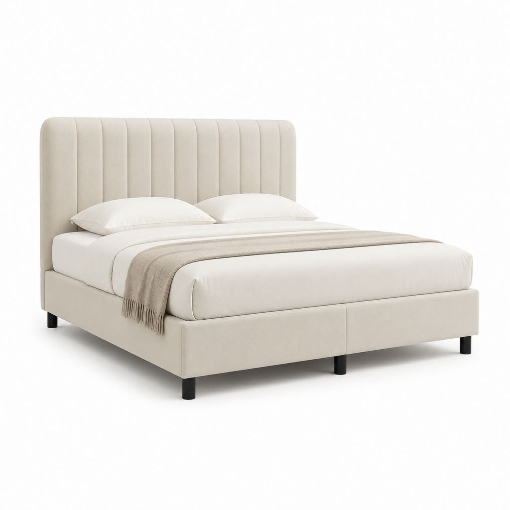 Polsterbett Doppelbett Creme Polyester-Samt Rechteckig mit gepolstertem Kopfteil 160 x 200 cm