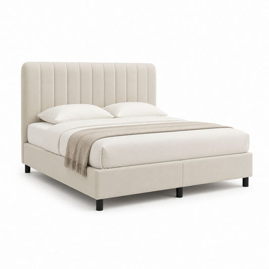 Polsterbett Doppelbett Creme Polyester-Samt Rechteckig mit gepolstertem Kopfteil 160 x 200 cm