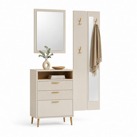 Garderobenset mit Schuhschrank Spiegel und 2 Garderobenpaneelen Beige MDF rechteckig 80 x 100 x 35 cm