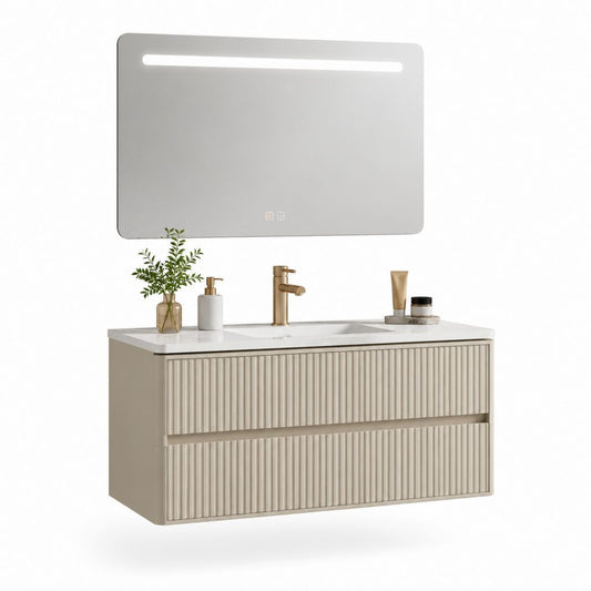 Badezimmermöbel Set mit LED Spiegel und Waschtischunterschrank Beige MDF 100 x 46 x 50 cm