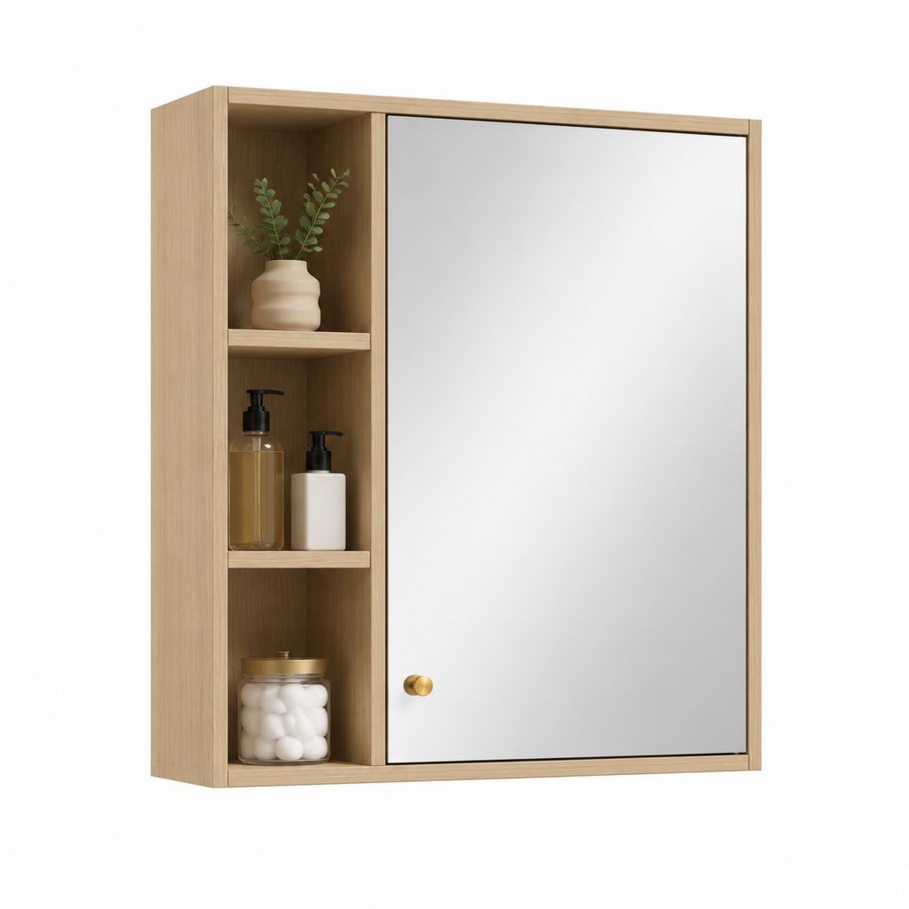 Spiegelschrank mit 3 offenen Fächern Eiche hell Spanplatte rechteckig 60 x 80 x 15 cm