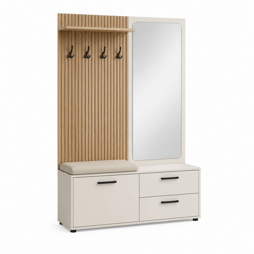 Garderobenmöbel Set Beige und Eicheoptik aus melaminbeschichteter Spanplatte mit Spiegel Sitzbank 100 x 40 x 190 cm