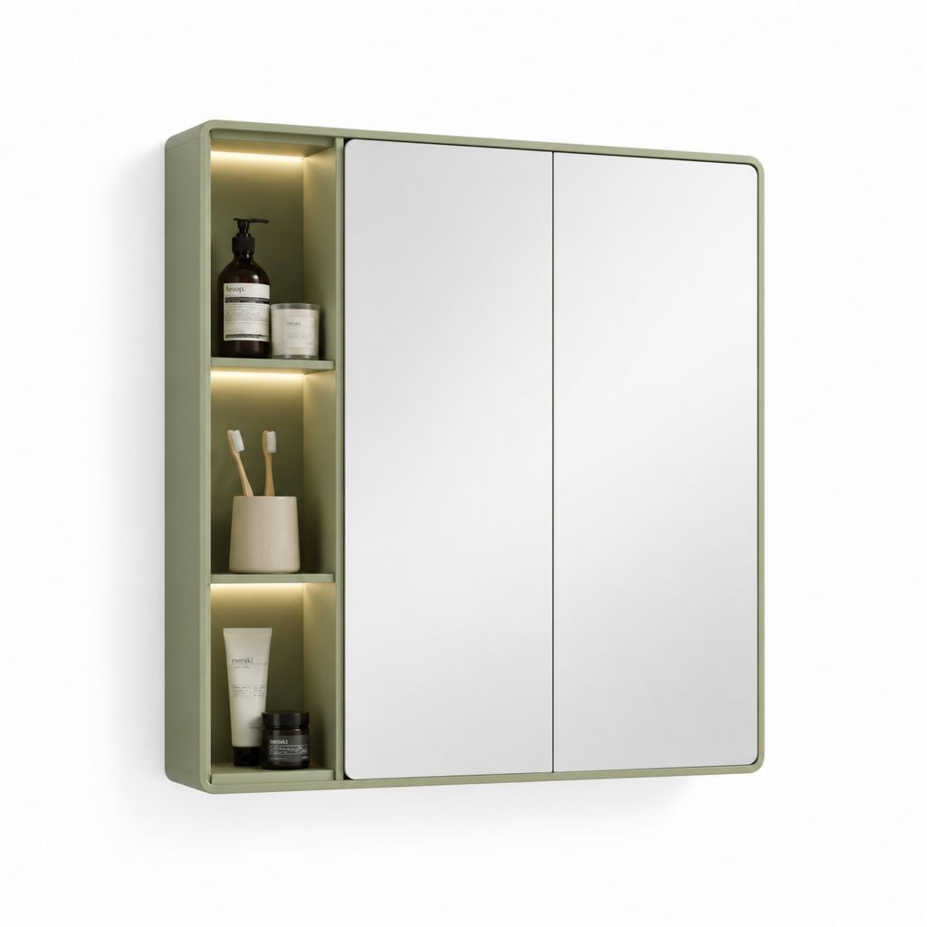 LED Spiegelschrank mit 2 Spiegeltüren und offenem Regal Olivgrün Stahl 80 x 70 x 15 cm