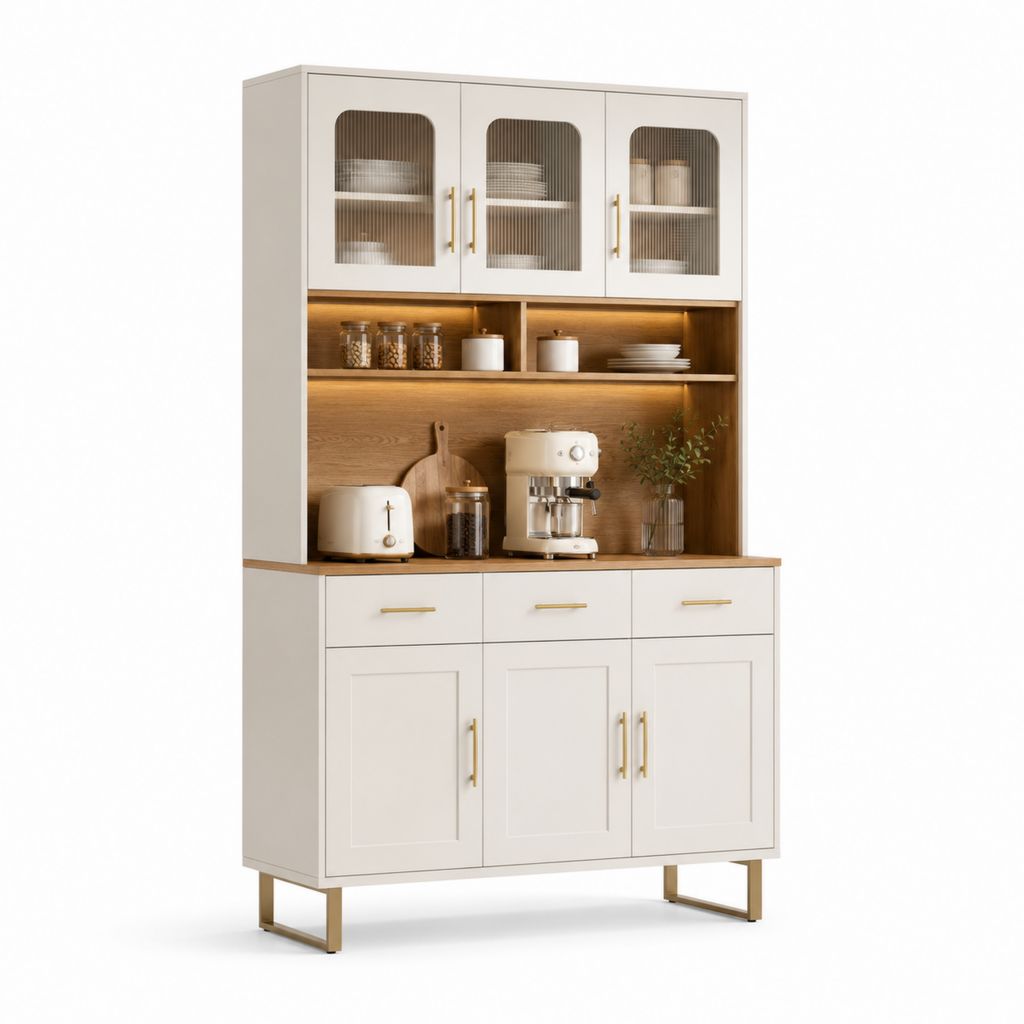 Küchenbuffet mit Vitrinenschrank cremeweiß und Eichenoptik aus MDF und Spanplatte 120 x 40 x 200 cm